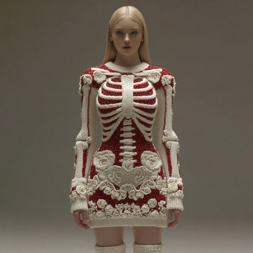 Women's Vintage Halloween Skeleton Bones Rose Art Cozy Knit Mini Sweater Dress artswardrobe