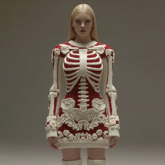 Women's Vintage Halloween Skeleton Bones Rose Art Cozy Knit Mini Sweater Dress artswardrobe