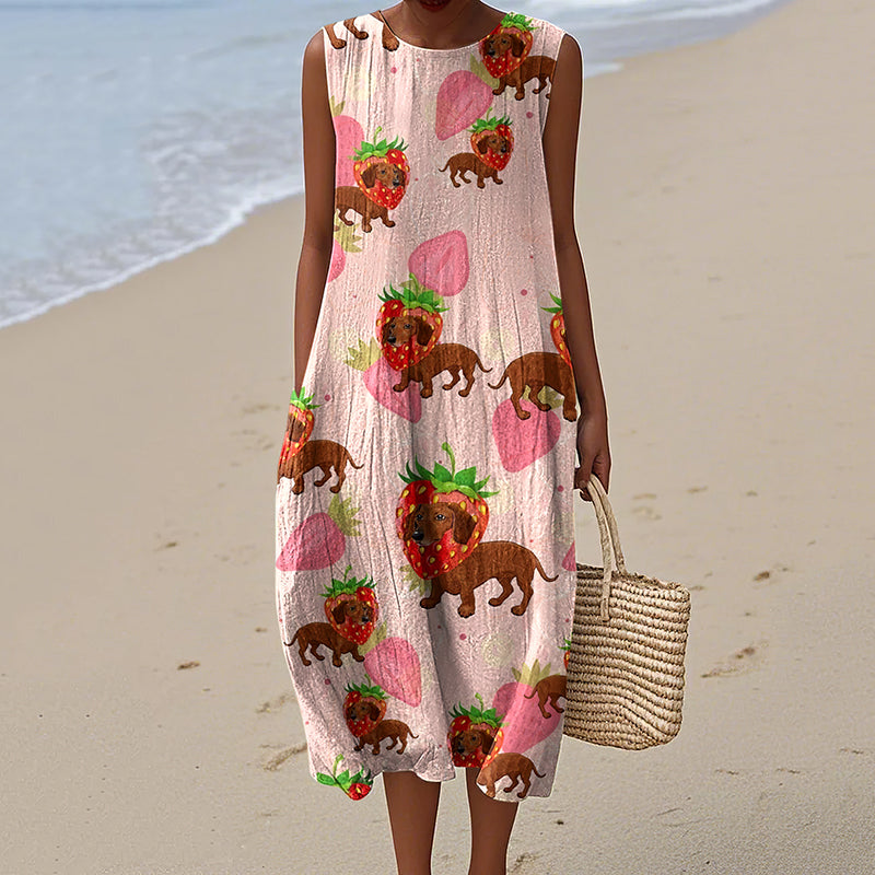 Retro Cute Dachshund  Sausage Dog Art Linen Tank Midi Dress artswardrobe