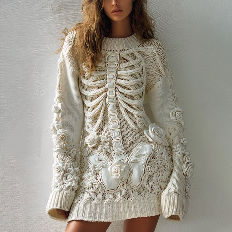Women's Hot Sexy Style Halloween Skeleton Bones Leather With Rose Pattern Art Cozy Knit Mini Sweater Dress artswardrobe
