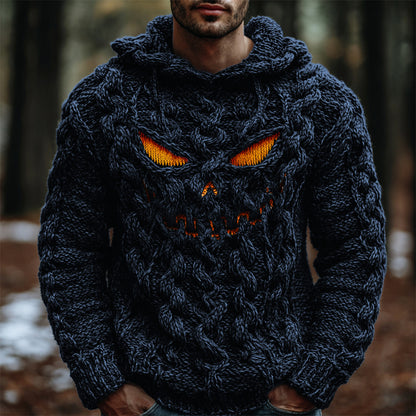 Halloween Evil Pumpkin Emoji Men's Chunky Knit Hooded Sweater artswardrobe