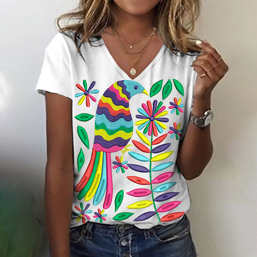 Women's Floral And Bird Art Pattern V-neck T-shirt artswardrobe