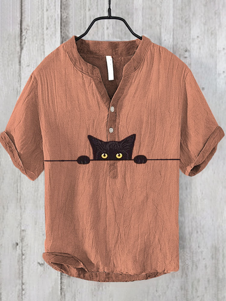 Japanese Art Black Cat Print Cotton Blend Shirt elevenforest