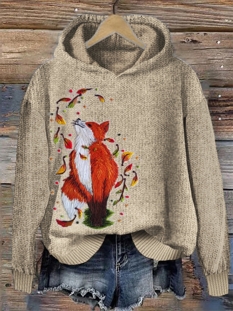 Fox & Falling Leaves Embroidery Art Cozy Knit Hoodie artswardrobe