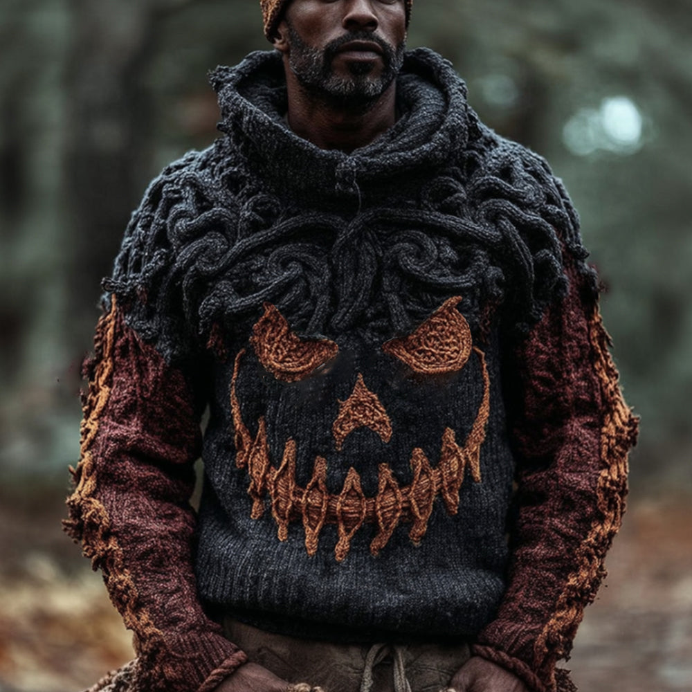 Halloween Pumpkin Smiley Face Woven Vine Hooded Sweater artswardrobe