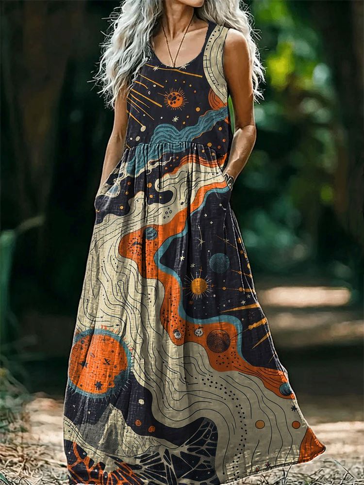 Women's Planet Pattern Art Print Round Neck Sleeveless Cotton Pocket D