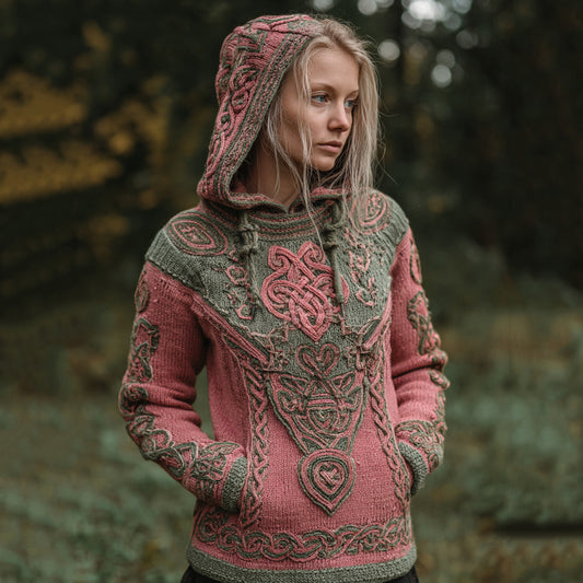 Women's Celtic Knot Pattern Jacquard Cozy Knit Hooded Sweater artswardrobe