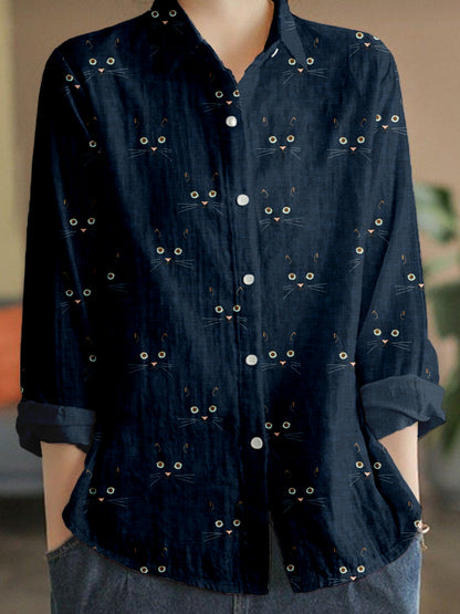 Cute Cat Face Pattern Linen Blend Cozy Blouse elevenforest