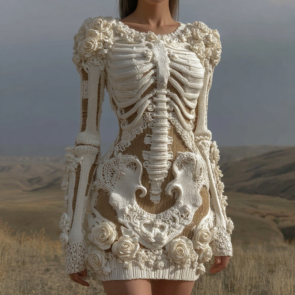 Women's Skull White Rose Lace Crochet Comfortable Knitted Sweater Dress artswardrobe
