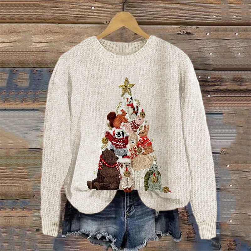 Merry Christmas Cute Animals Enjoying Winter Christmas Tree Art Cozy Knit Sweater artswardrobe