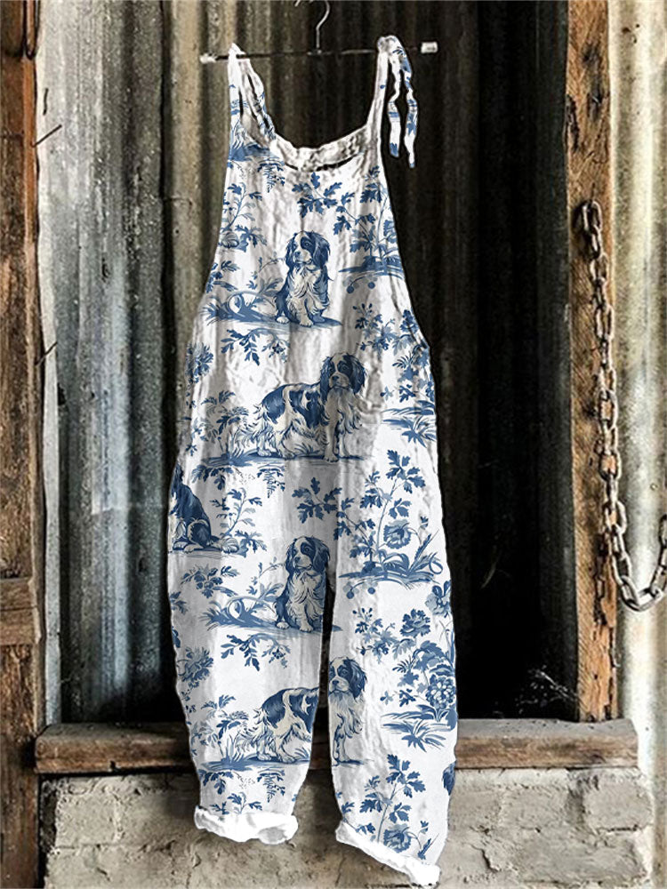 Comstylish Women's Retro Funny Denim Patch Animal Dog Print Casual Overalls