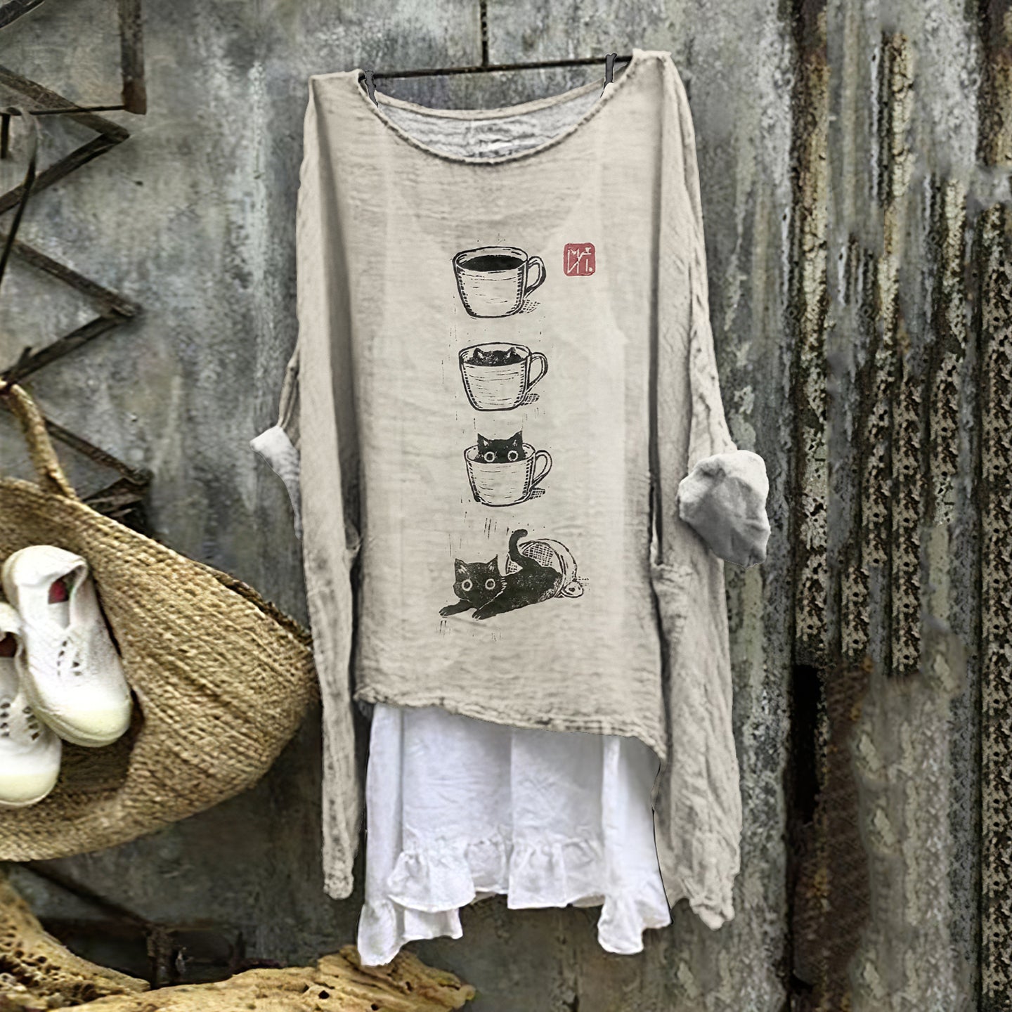 Women's Cat Coffee Cup Japanese Art Painting Print Blouse elevenforest