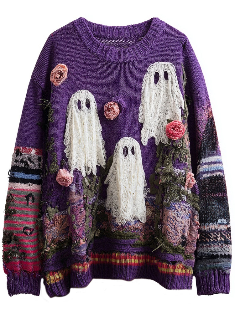 Vintage Ghost & Roses Embroidered Patchwork Cozy Knitted Sweater artswardrobe