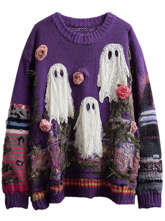Vintage Ghost & Roses Embroidered Patchwork Cozy Knitted Sweater elevenforest