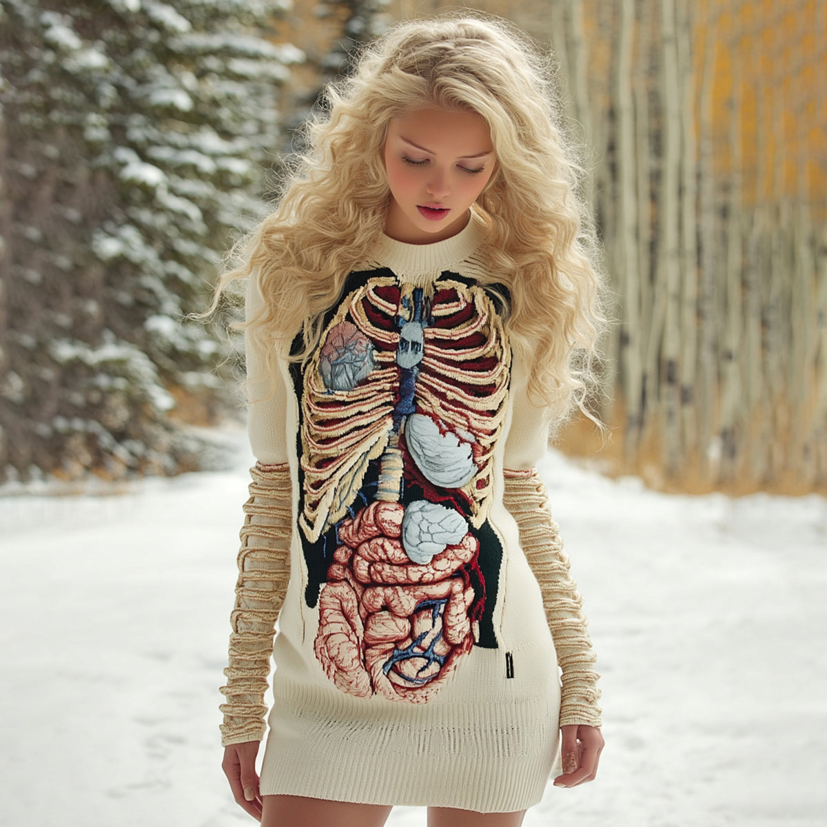 Women's Vintage Halloween Anatomy Art Cozy Knit Mini Sweater Dress artswardrobe