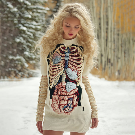 Women's Vintage Halloween Anatomy Art Cozy Knit Mini Sweater Dress artswardrobe