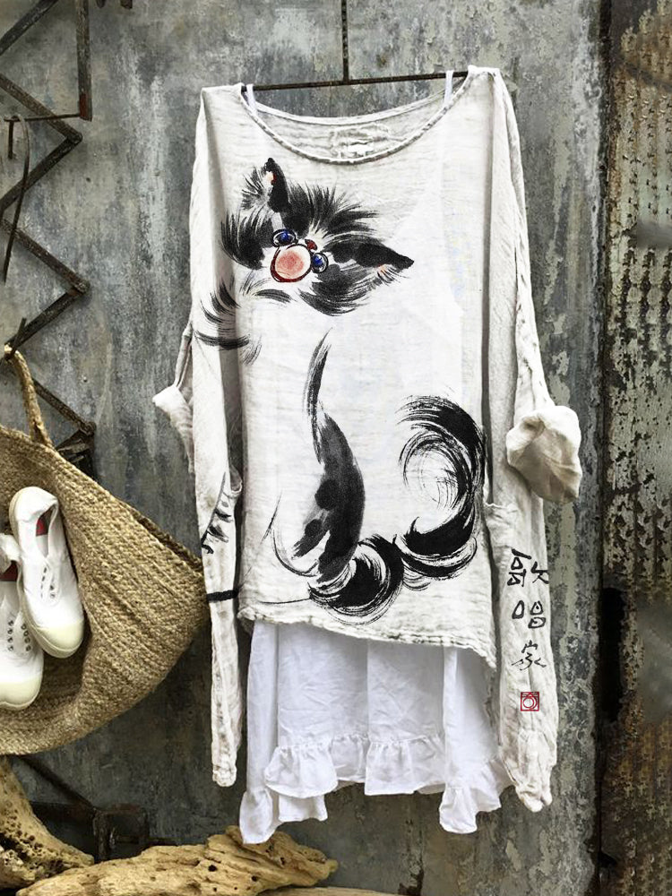Singing Cat Women's Linen Flutter Tunic