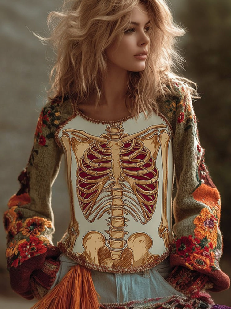Women's Halloween Anatomy Art And Flower Colored Round Neck Sweater artswardrobe