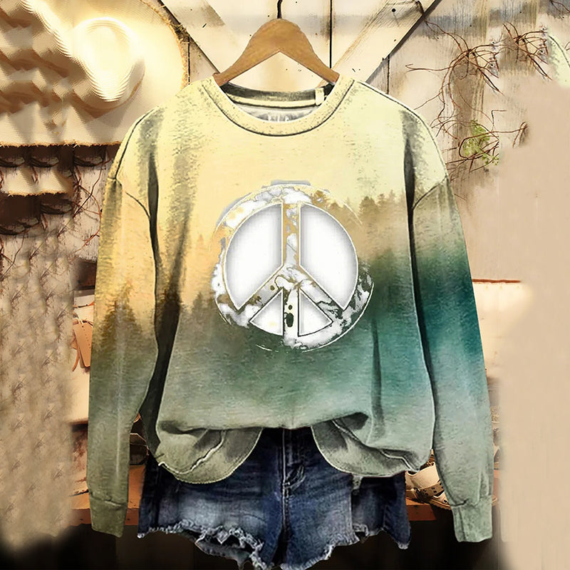 Comstylish Women's Vintage Hippie Peace Sign Print Crew Neck Sweatshirt