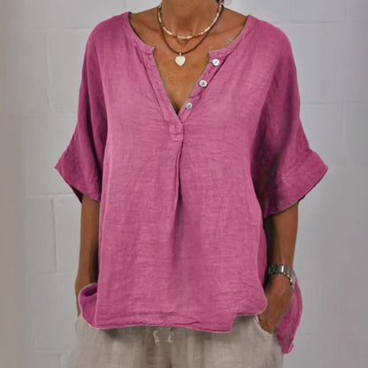 Comstylish Women's Solid Color Button Linen V-neck Shirt