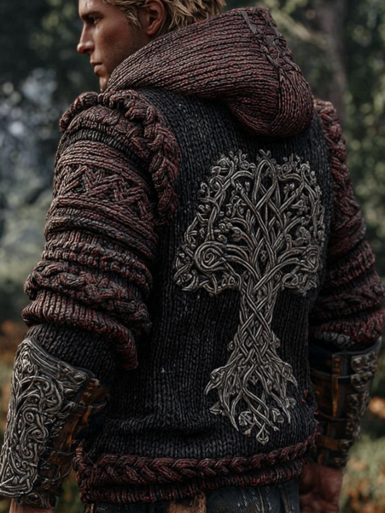 Men's Vintage Viking Tree Of Life Distressed Long-sleeved Hooded Sweater elevenforest