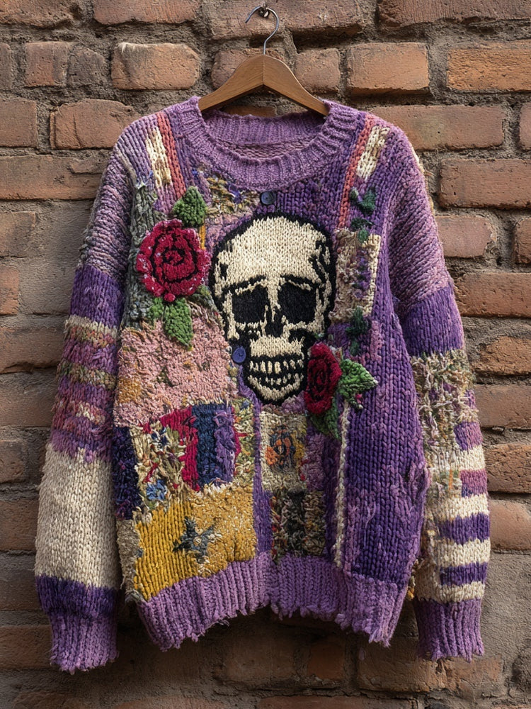 Vintage Skull & Roses Embroidered Patchwork Cozy Sweater elevenforest