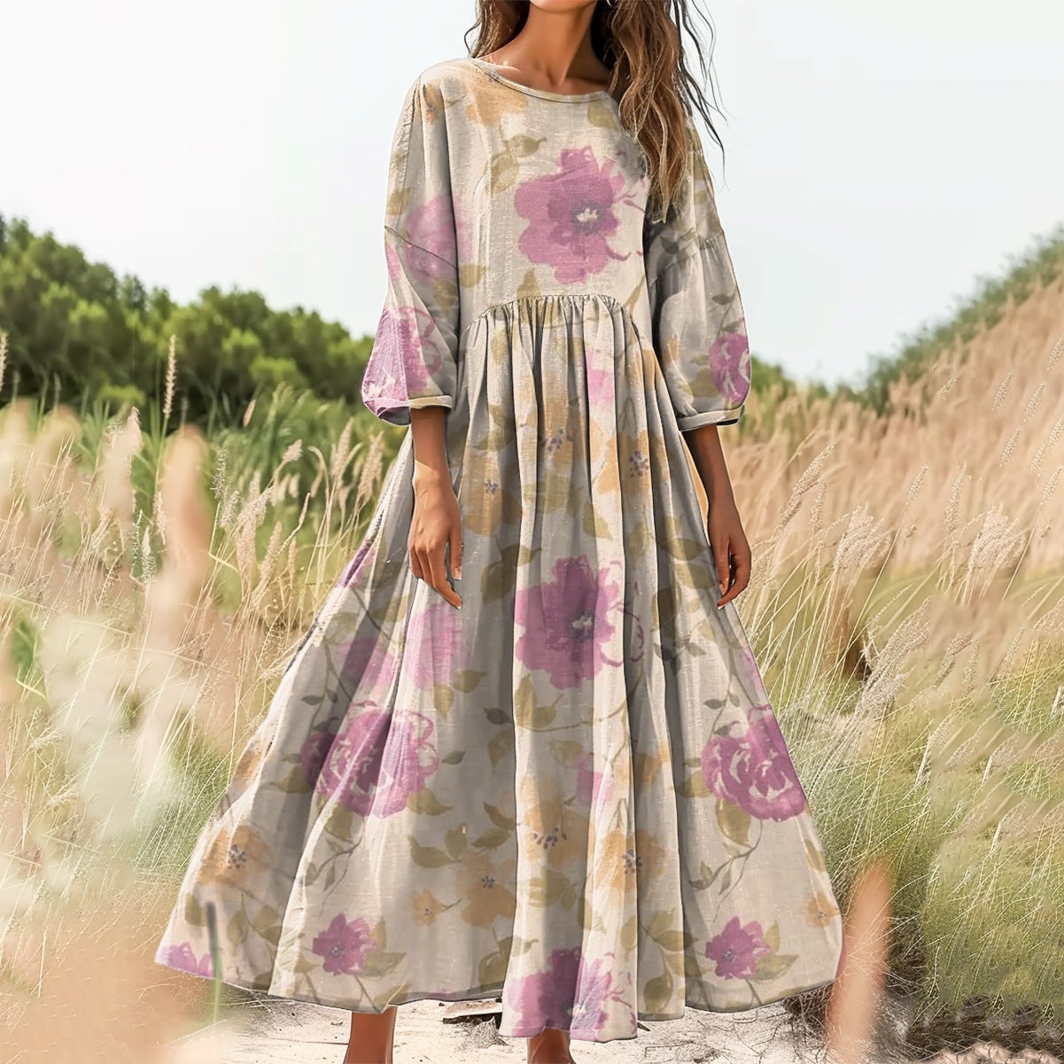 Women's Floral Art Print Cotton Crew Neck Dress