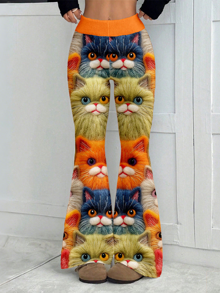 Comstylish Fuzzy Cute Cats Pattern Cozy Flared Leggings