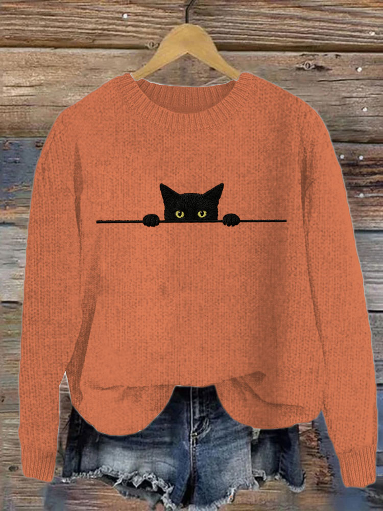 Comstylish Women's Casual Funny Black Cat Print Sweater