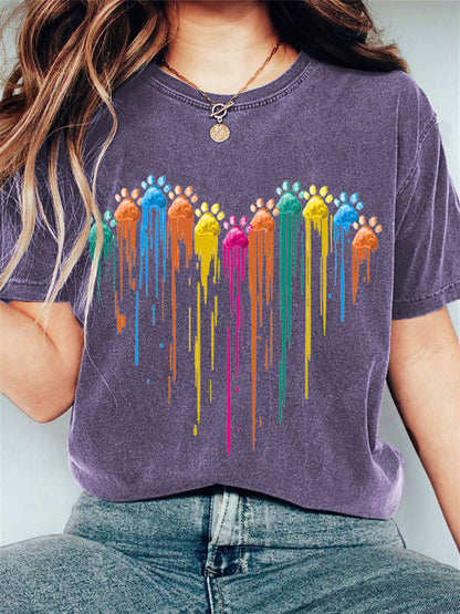 Colorful Paws Heart Print Casual Cotton T-Shirt elevenforest