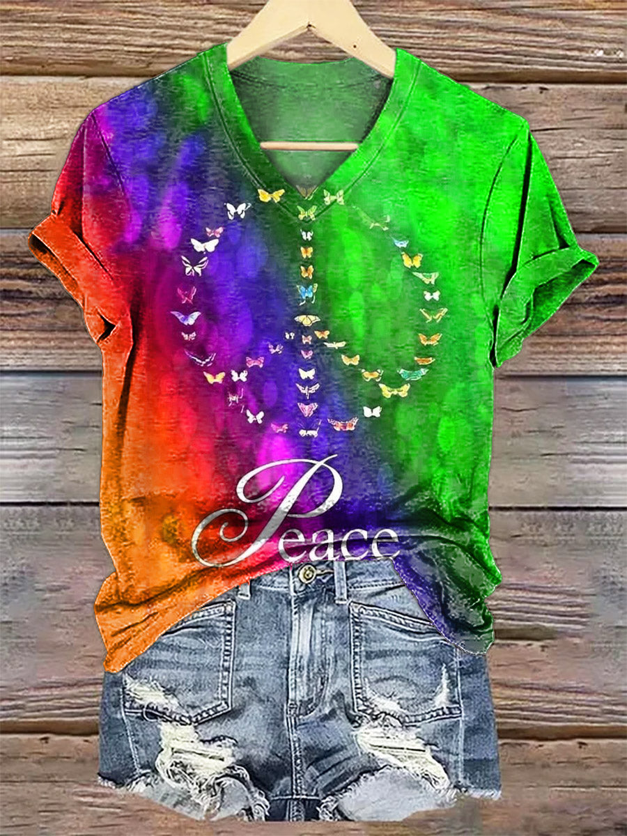 Women's Peace-loving Hippy Art Print V-Neck T-Shirt