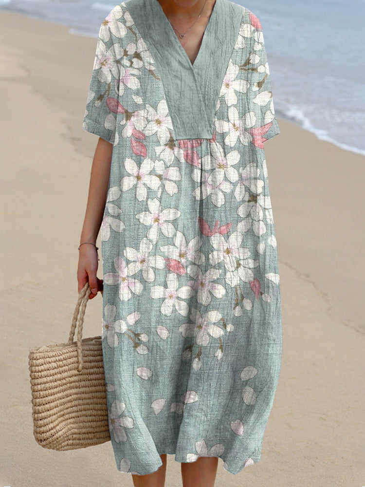 Cherry Blossom Print Linen Blend Dress