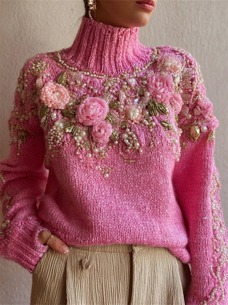Classy Pink Roses Beaded Glitter Cozy Knit Turtleneck Sweater artswardrobe