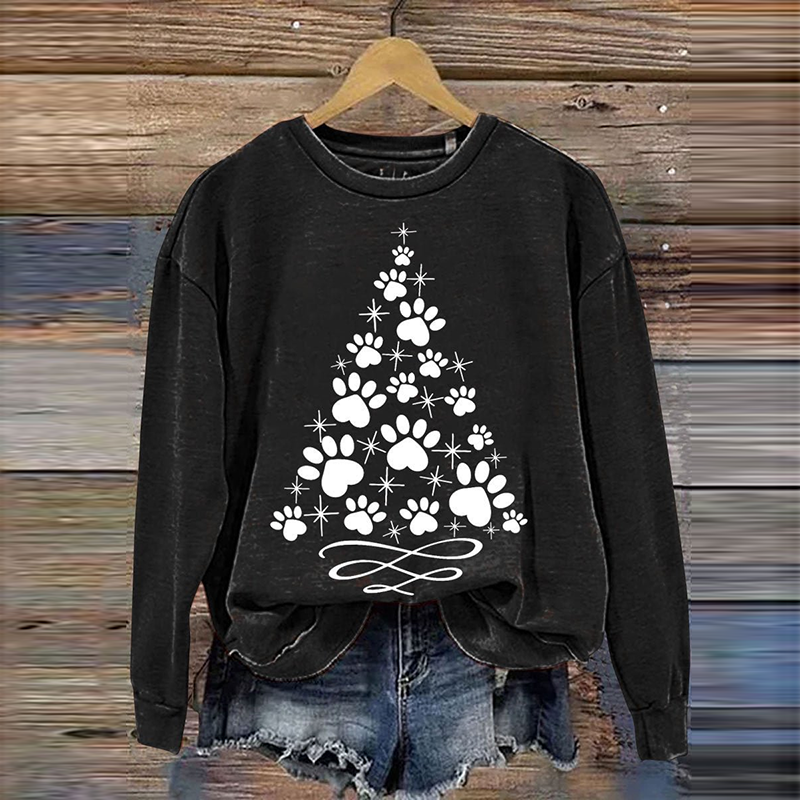 Comstylish Women's Christmas Paw Tree Printed Sweatshirt