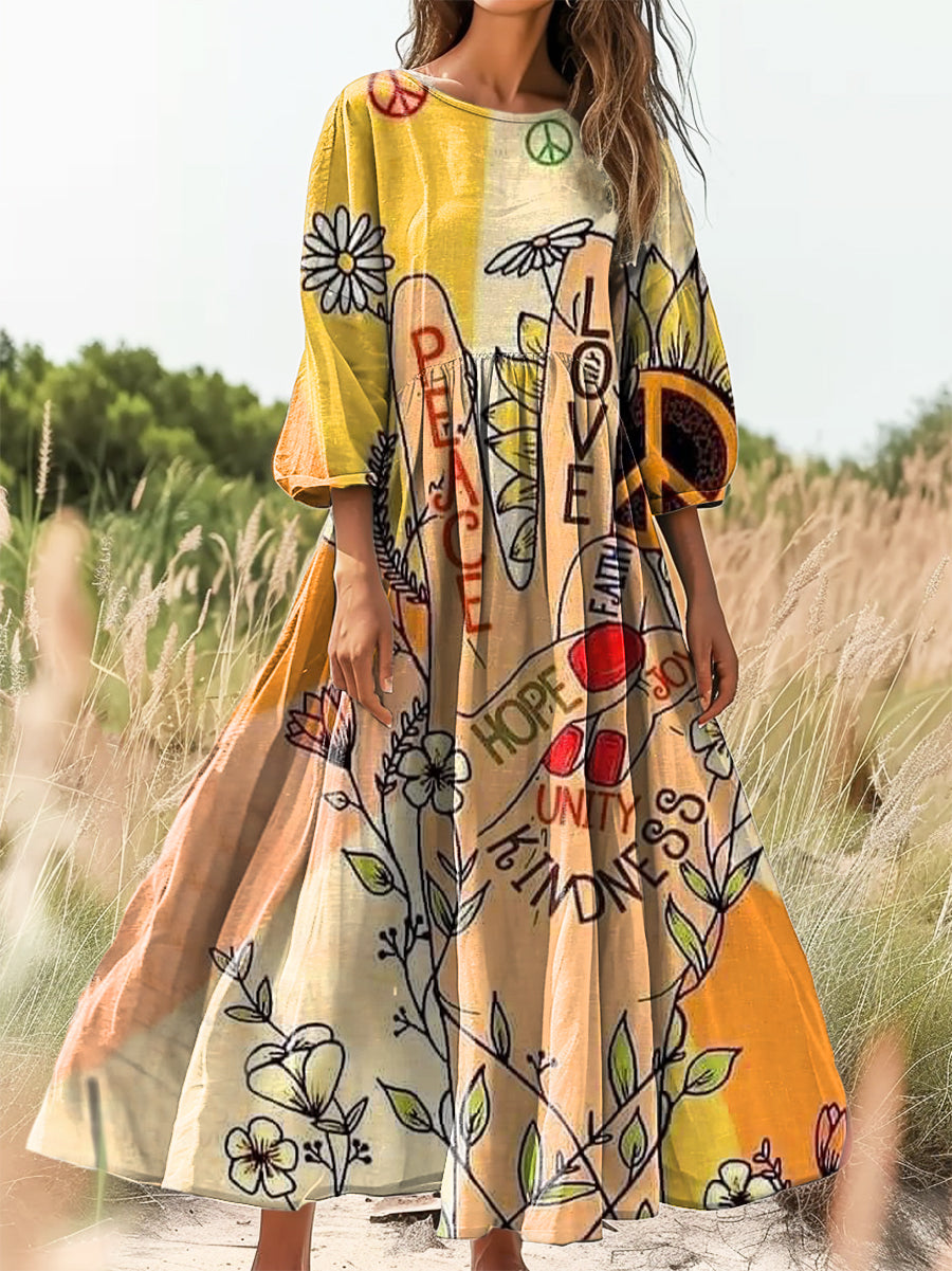 Women's Hippie Art Print Flowy Cotton Crew Neck Dress