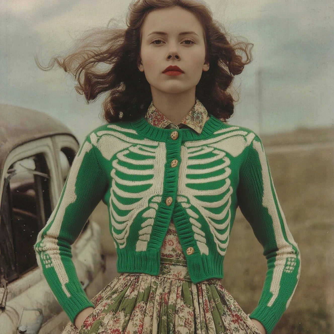 Women's Vintage Skull Ribs Pattern Cozy Knit Sweater Cardigan artswardrobe