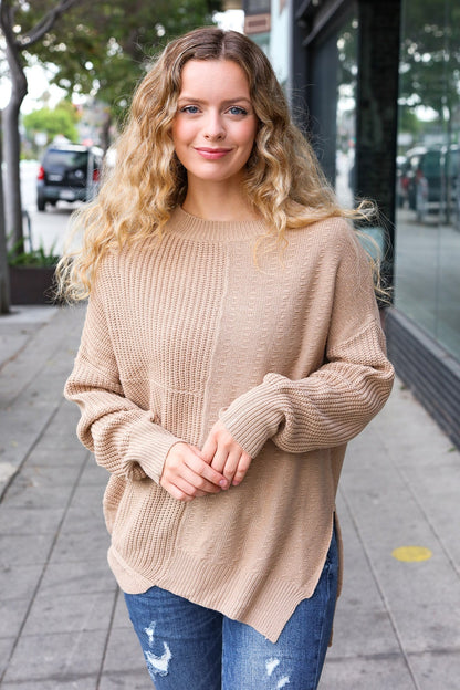 Carolin® | Asymmetrical knitted sweater in taupe from Autumn Vibes