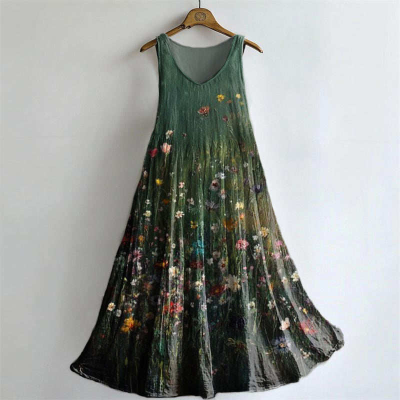 Women's Vintage Floral Art Print Crew Neck Sleeveless Cotton Pocket Dr