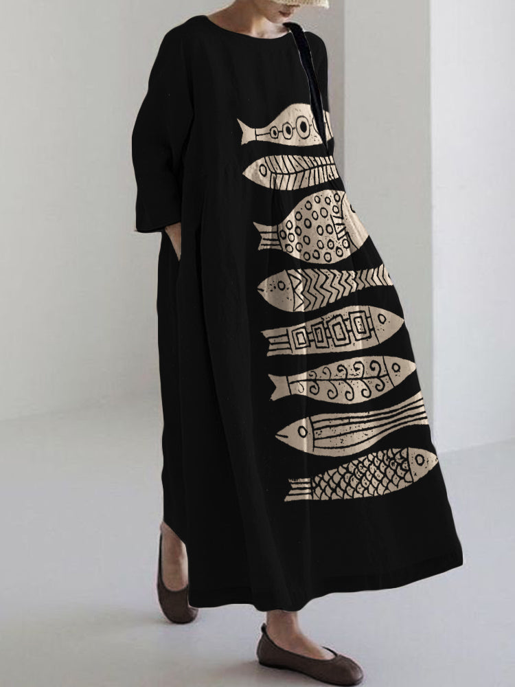 Fish Japanese Lino Art Flowy Linen Blend Maxi Dress