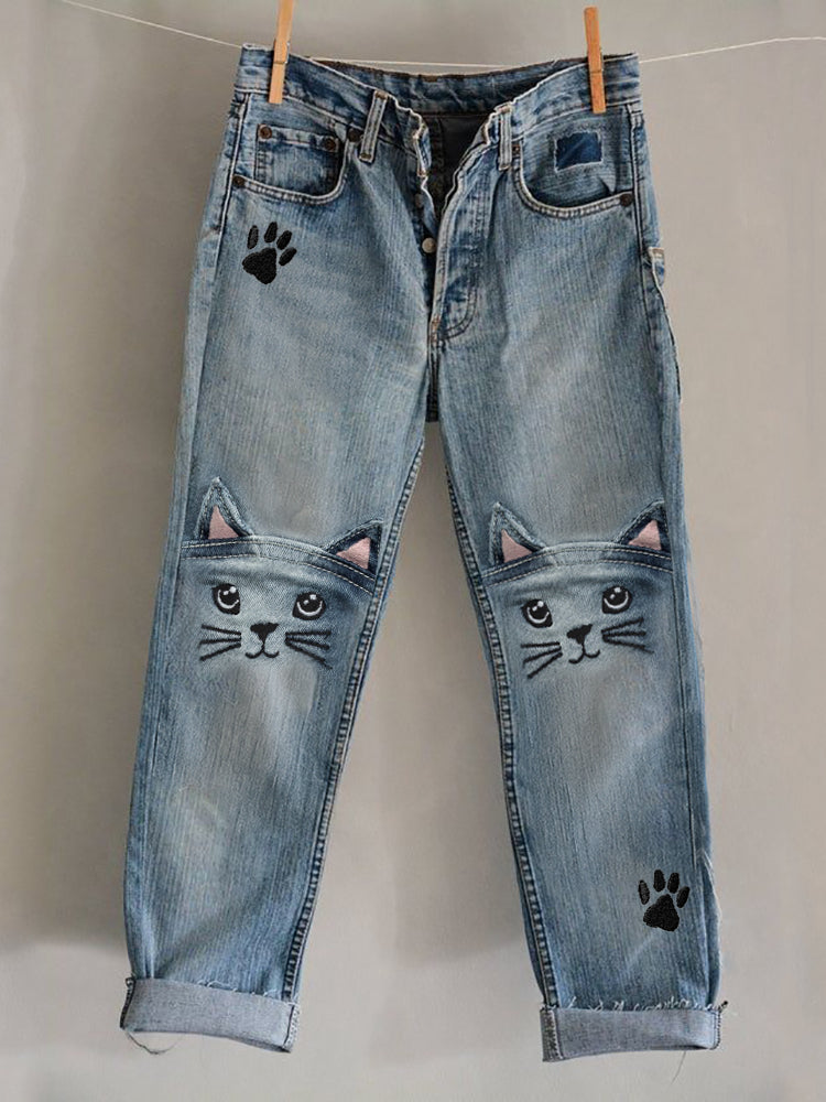 Lovely Cat Faces Embroidered Patchwork Washed Jeans elevenforest