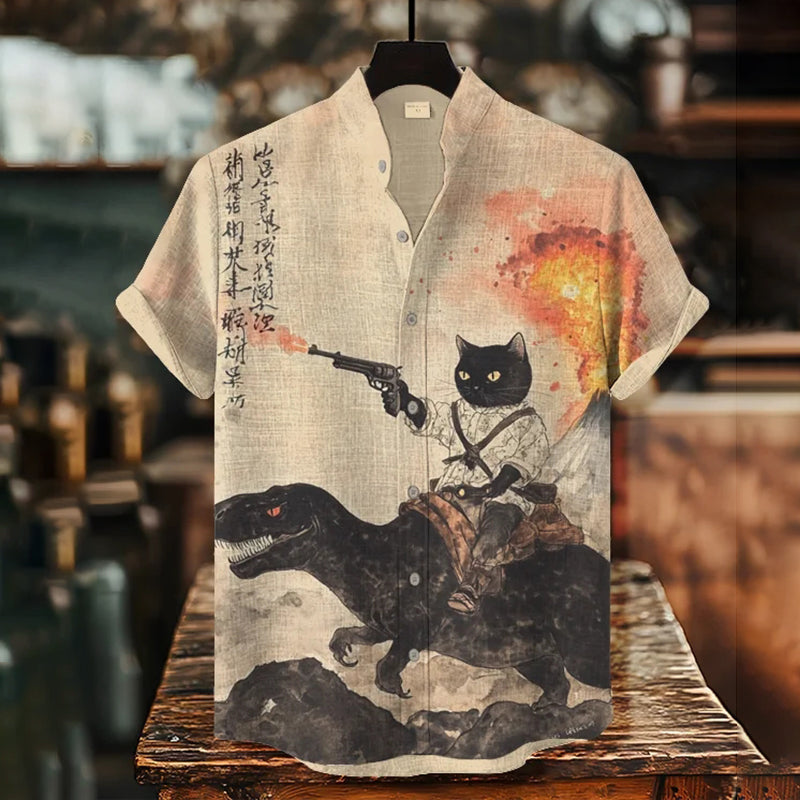 Men's Retro Calligraphy Cat Dinosaur Volcanic Eruption Print Short Sleeve Shirt elevenforest