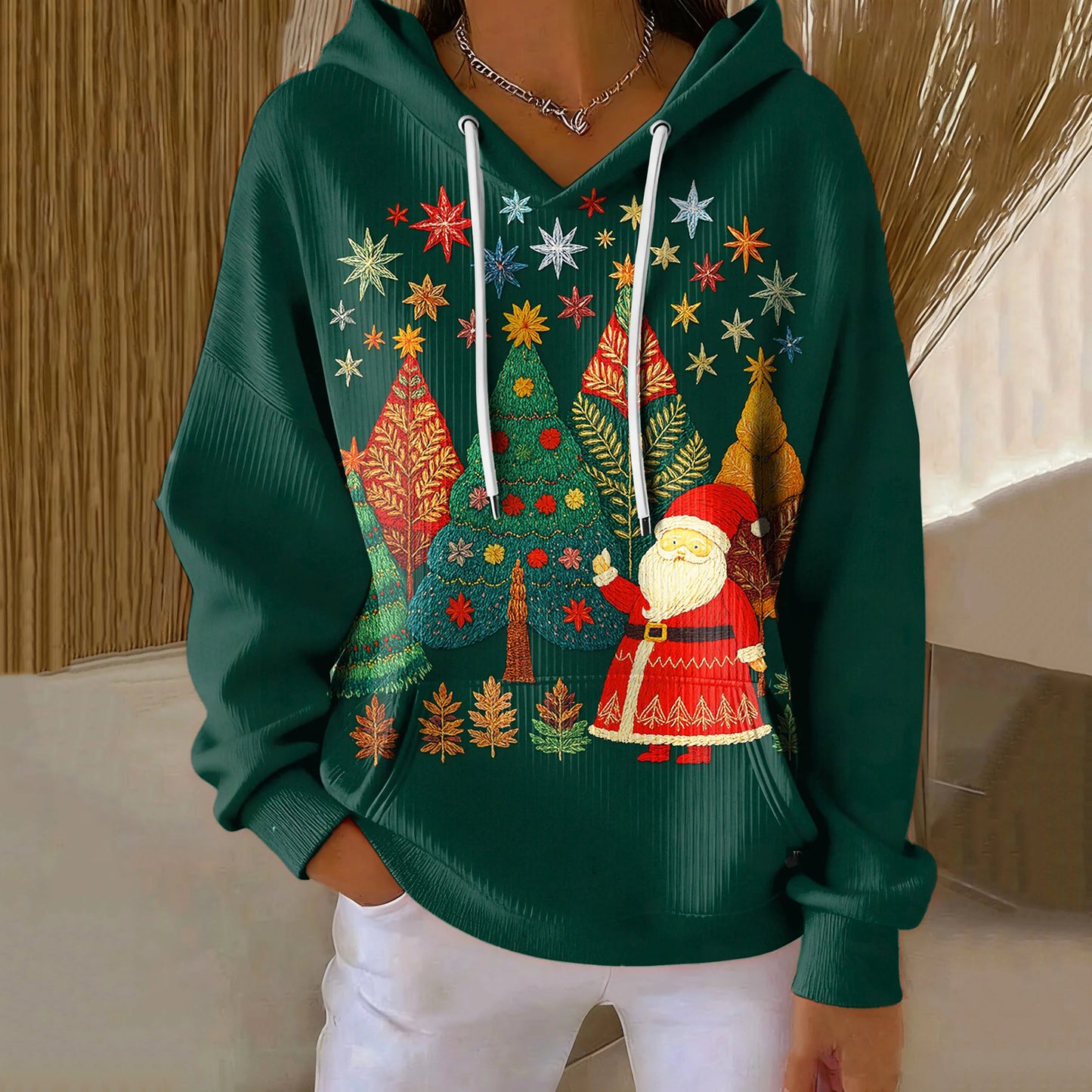 Comstylish Women's Vintage Christmas Santa Claus Art Print Casual Hoodie