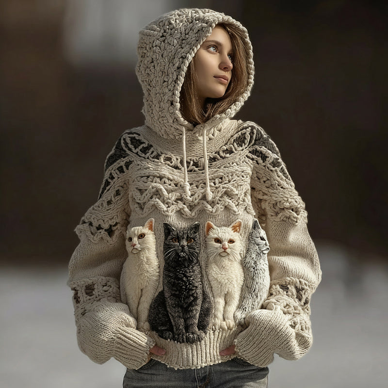 Women's Cute Cat Embroidered Hooded Sweater elevenforest