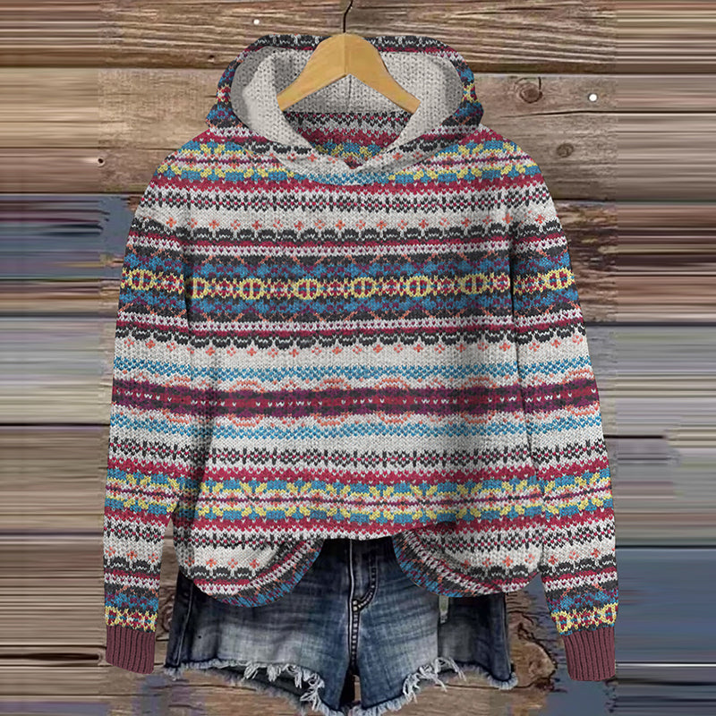 Vintage Knitted Jacquard Fairman Pattern Cozy Hooded Sweater elevenforest