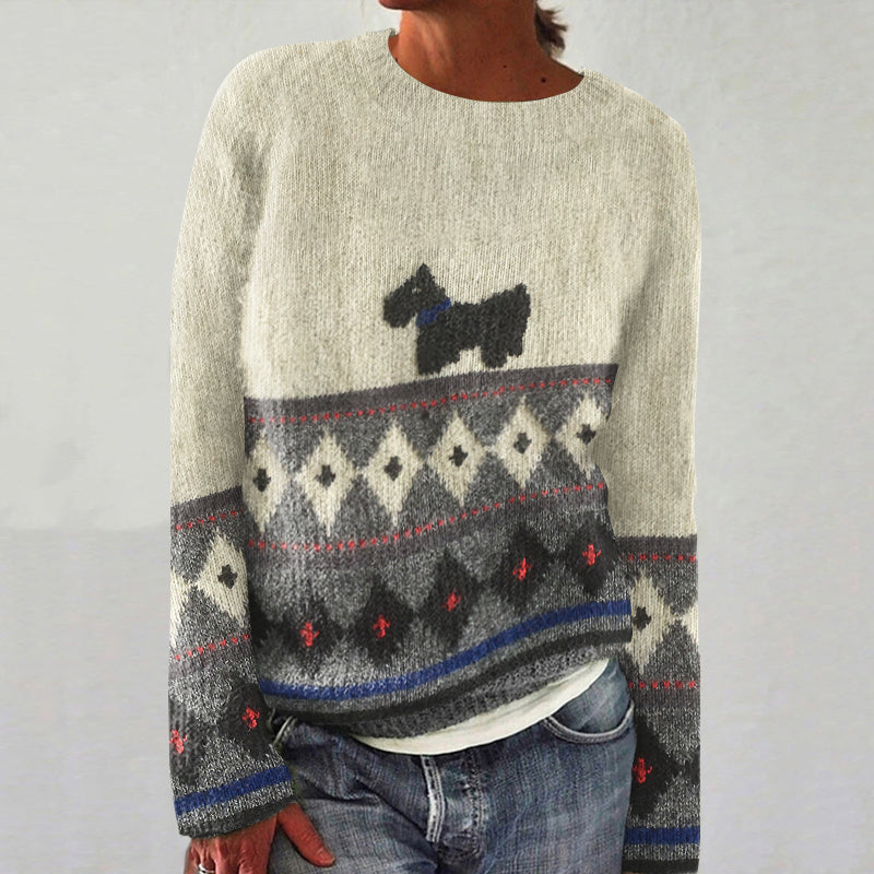 Vintage Geometric And Dog Pattern Women's Sweater elevenforest