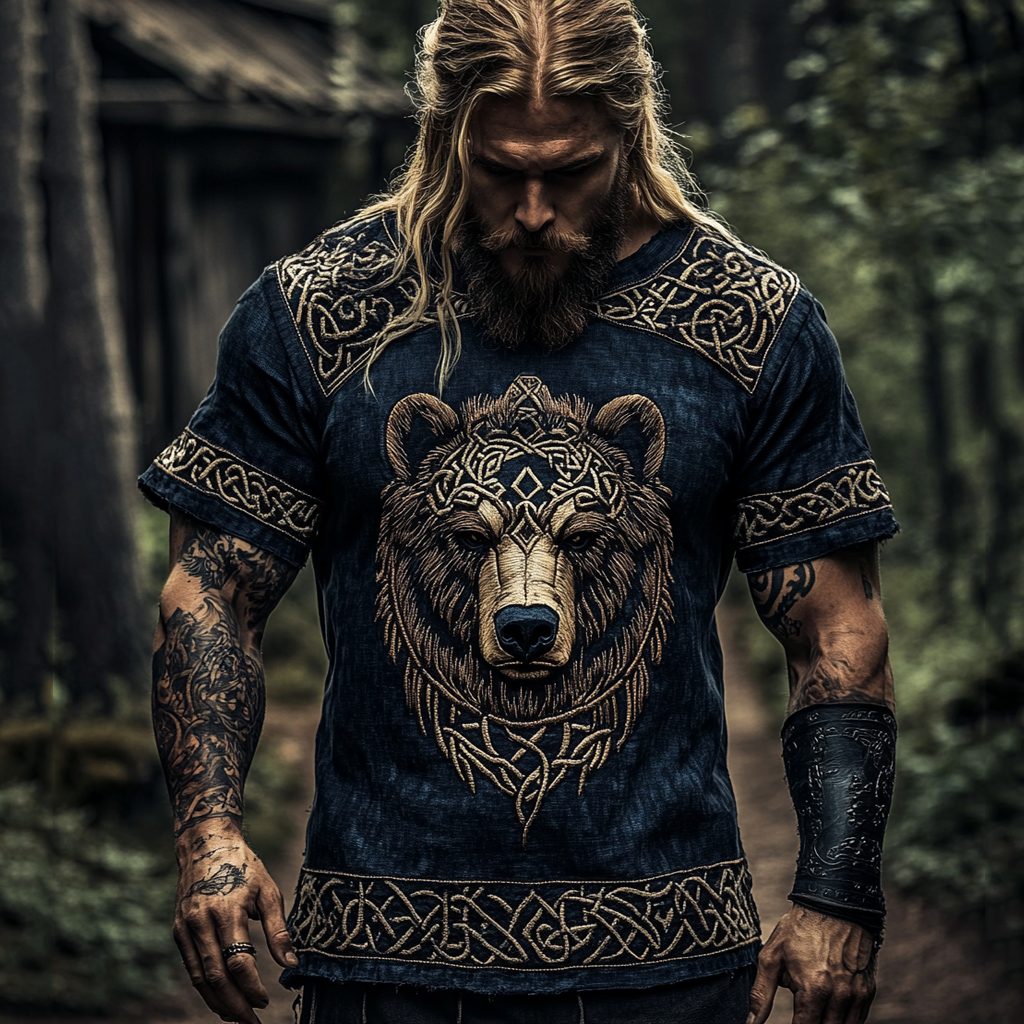 Retro Nordic Viking Mythology Bear Head Contrast Celtic Shirt artswardrobe