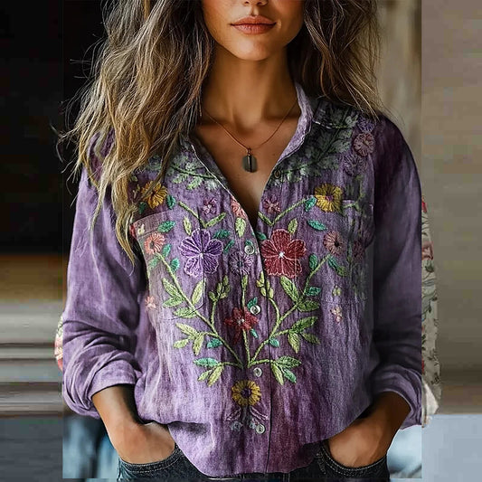 Comstylish Bohemian Style Ethnic Floral Art Linen Print Long Sleeve Shirt