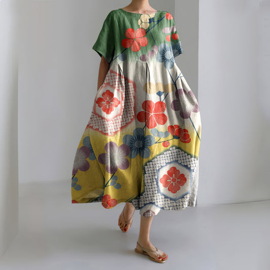 Comstylish Japanese Art Cherry Blossom Print Casual Midi Dress