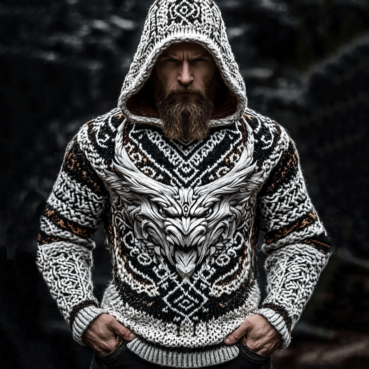 Men's Viking Tribal Dragon Jacquard Celtic Inspired Knit Hooded Sweater elevenforest