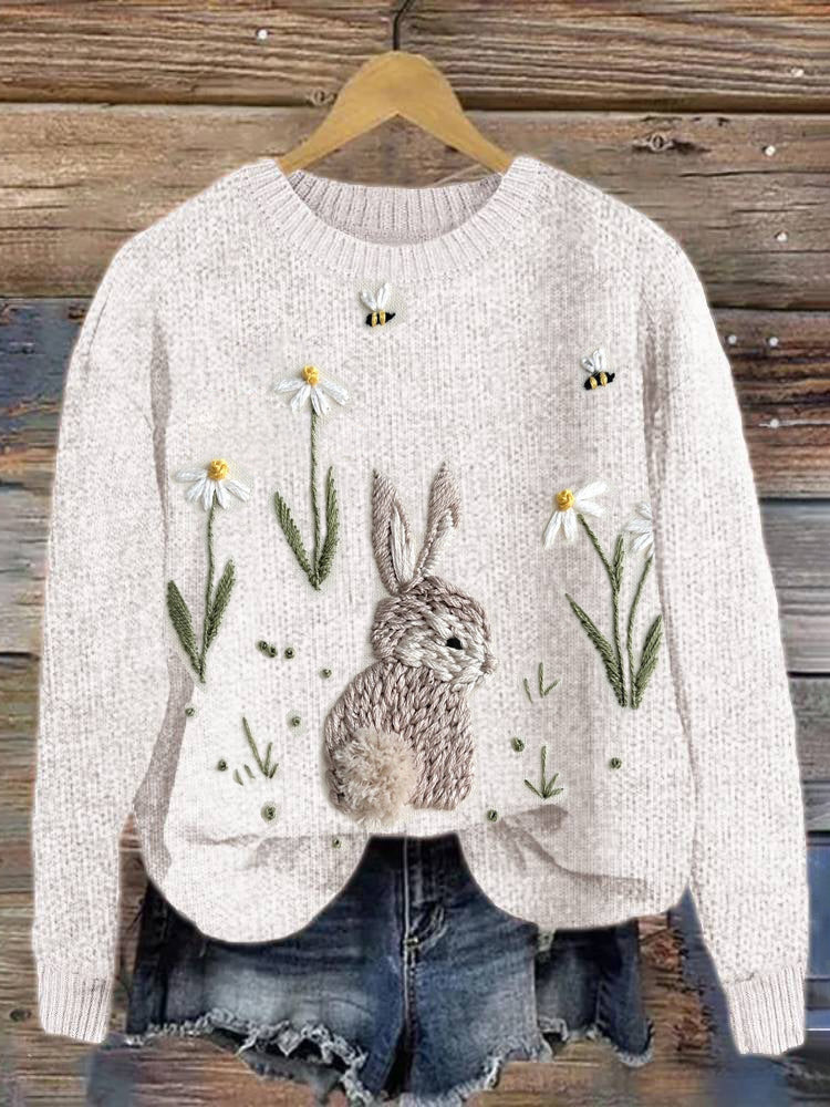Cute Bunny Embroidery Art Cozy Knit Sweater artswardrobe